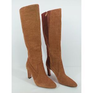 Vince Camuto Knee High Boots Women’s 8 Tan Suede Croc Embossed Heeled Zip